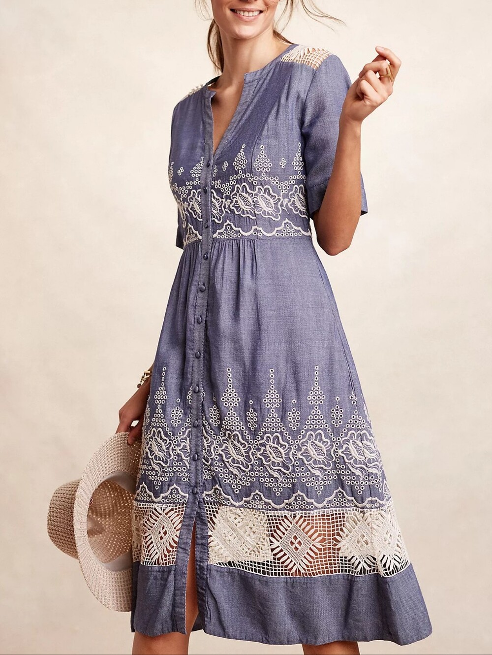 Anthropologie Moulinette Soeurs Embroidered Waters Shirtdress Light Denim Size 4